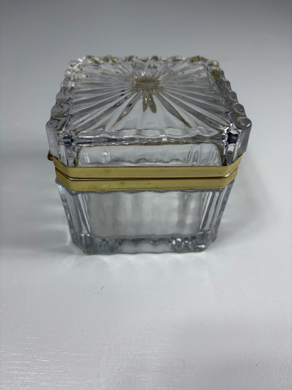 Vintage crystal jewelry casket with brass hinge 3 1/2 in. Square trinket box - Picture 3 of 7
